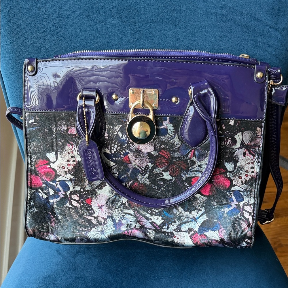 Purple Floral Patent Satchel with Gloss Trim